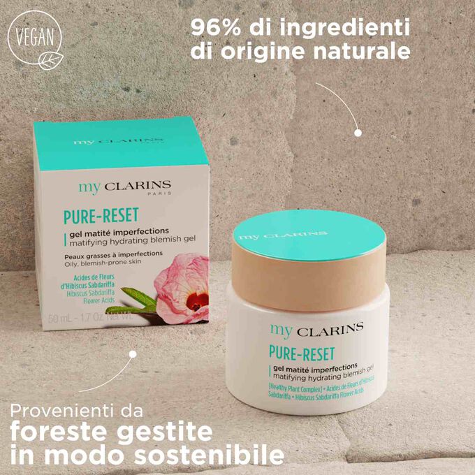 My Clarins PURE-RESET gel con 96% di ingredienti di origine naturale, packaging da foreste gestite in modo sostenibile