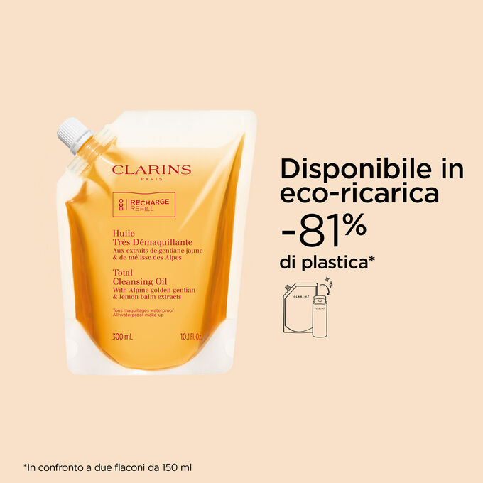 Packshot eco-ricarica gialla olio detergente Clarins lenitivo in confronto al flacone in plastica dell’Olio Ultra Detergente