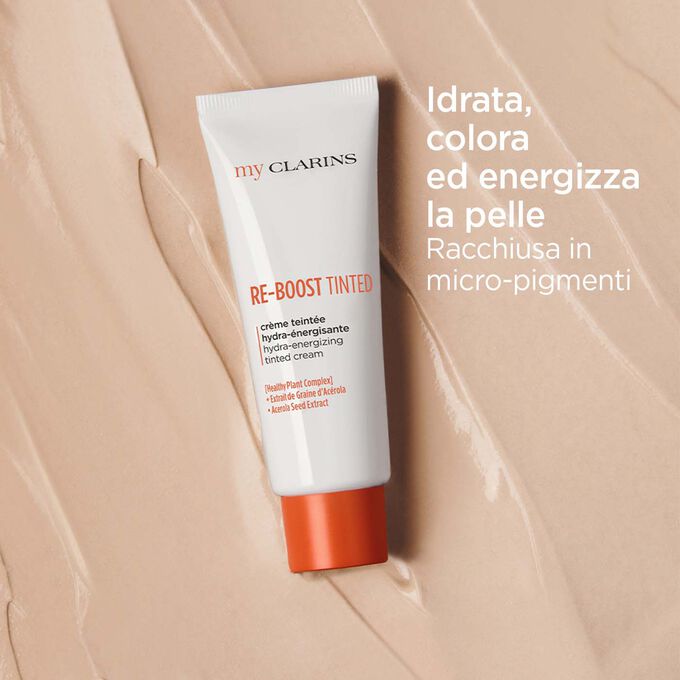 Re-boost crema colorata idratante energizzante su sfondo testurizzato che asciuga le imperfezioni, idrata, colora, energizza