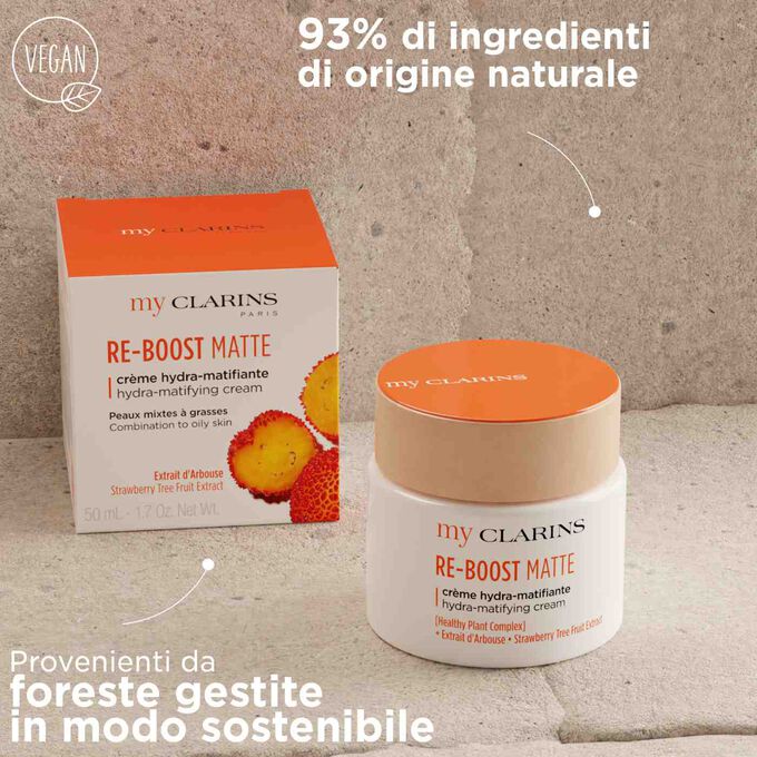 My Clarins RE-BOOST MATTE con 93% di ingredienti di origine naturale, packaging da foreste gestite in modo sostenibile