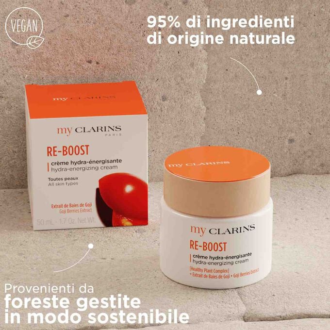 My Clarins RE-BOOST con 95% di ingredienti di origine naturale, packaging proveniente da foreste gestite in modo sostenibile