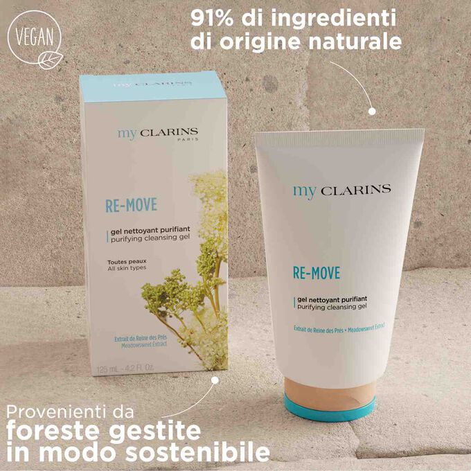 My Clarins RE-MOVE con 91% di ingredienti di origine naturale, packaging proveniente da foreste gestite in modo sostenibile