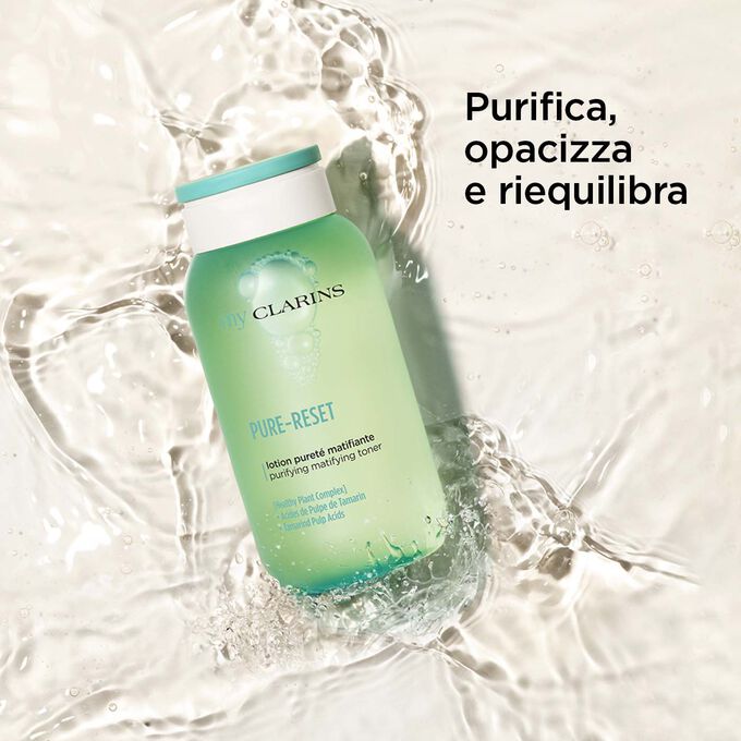 Pure-reset lozione purificante su sfondo testurizzato con benefici purificanti e opacizzanti