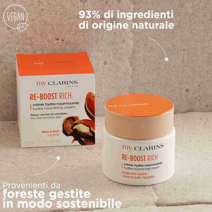 My Clarins RE-BOOST RICH con 93% di ingredienti di origine naturale, packaging da foreste gestite in modo sostenibile