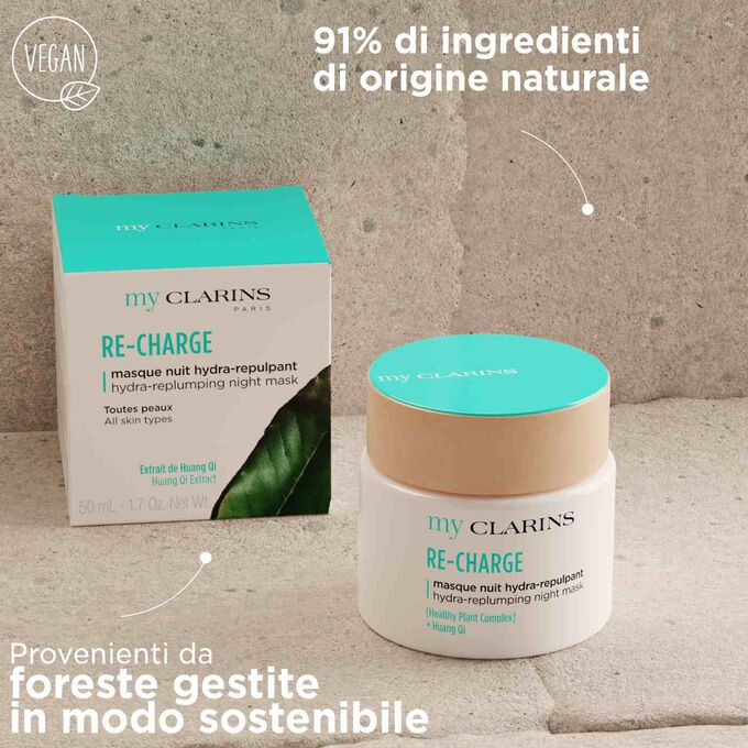 My Clarins RE-CHARGE con 91% di ingredienti di origine naturale, packaging proveniente da foreste gestite in modo sostenibile