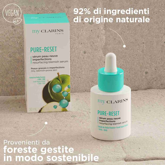 My Clarins PURE-RESET siero con 92% di ingredienti di origine naturale, packaging da foreste gestite in modo sostenibile