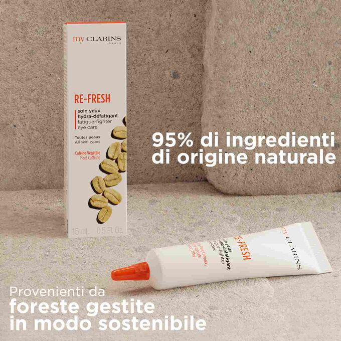 My Clarins RE-FRESH con 95% di ingredienti di origine naturale, packaging proveniente da foreste gestite in modo sostenibile